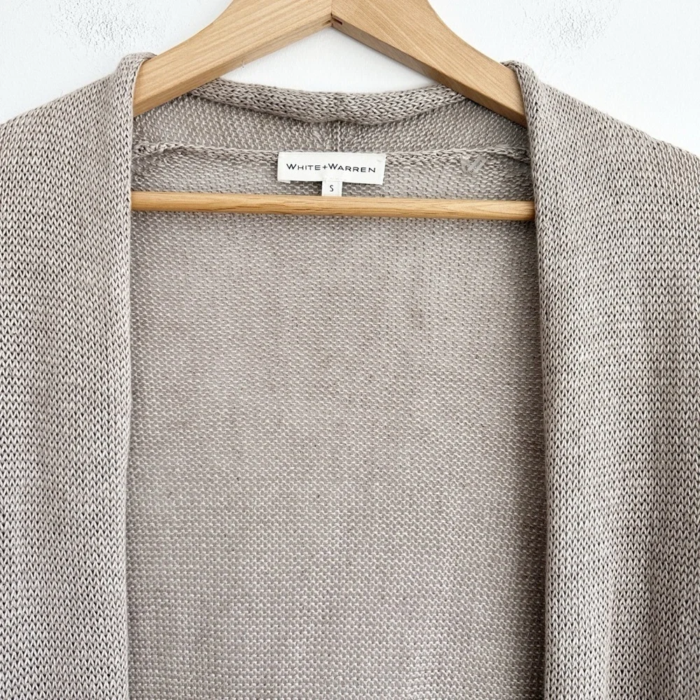 White And Warren Linen Cardigan Sweater Open Front Longline Beige Women’s Small